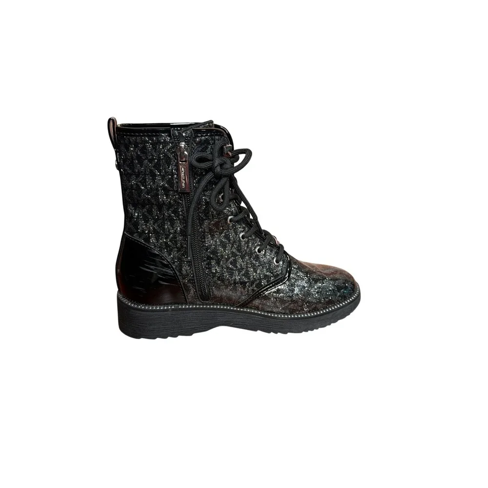 Michael Kors Haskell Syre Black Glitter MK Monogram Combat Boots Girls Size 4